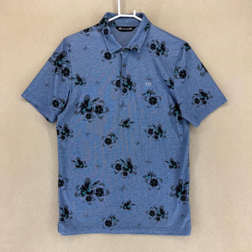 Travis Mathew Mens Blue Floral Print Short Sleeve Golf Polo Shirt Size M
